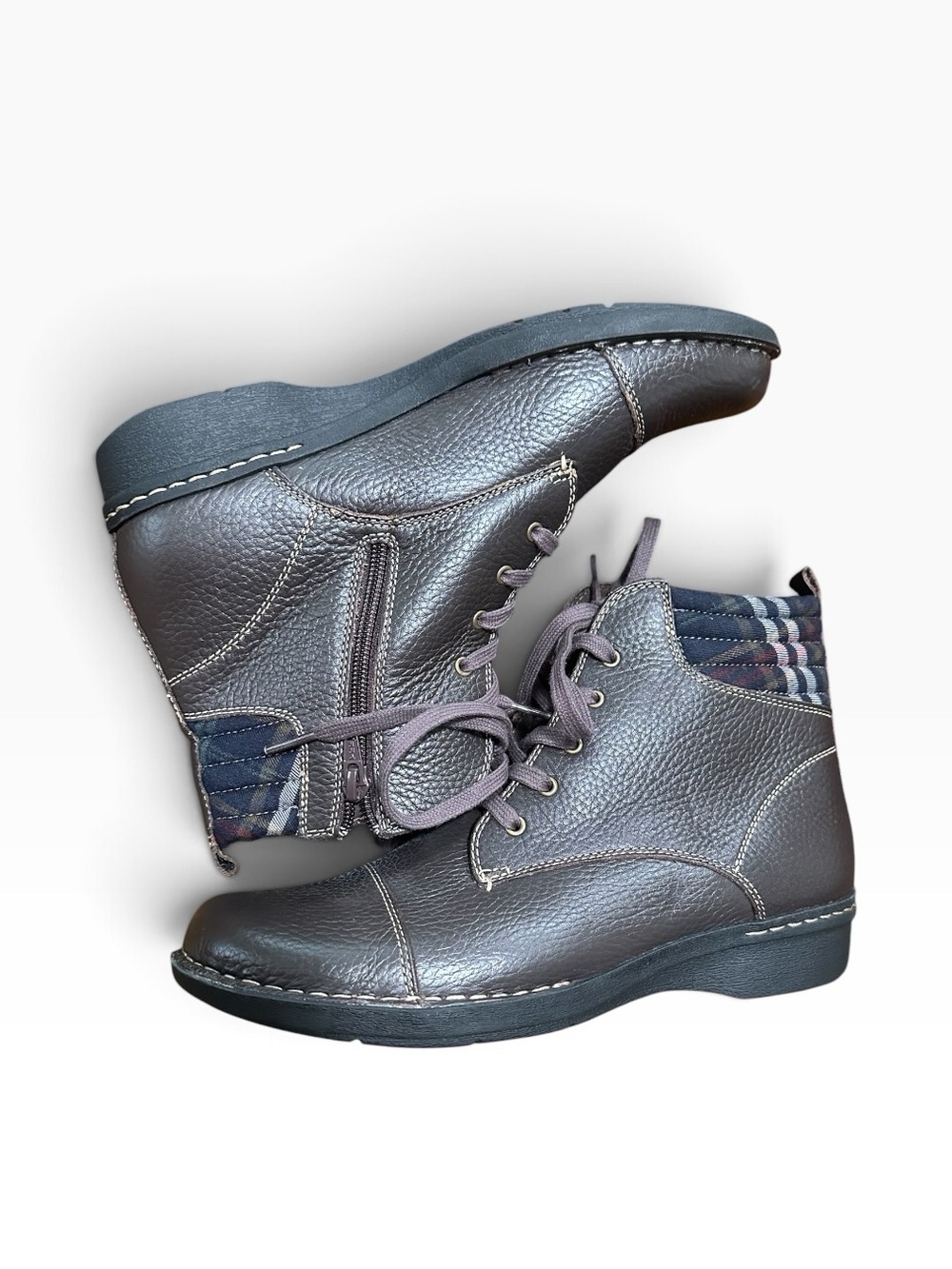 Clarks Plaid Whistle Bea Browy Arch Support Leather Zip Ankle Boots Womens 9.5M